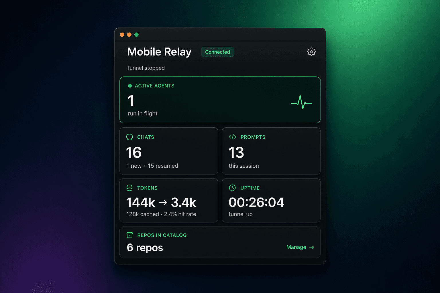 Mobile Relay desktop app dashboard with connection status, agent activity, and repo catalog