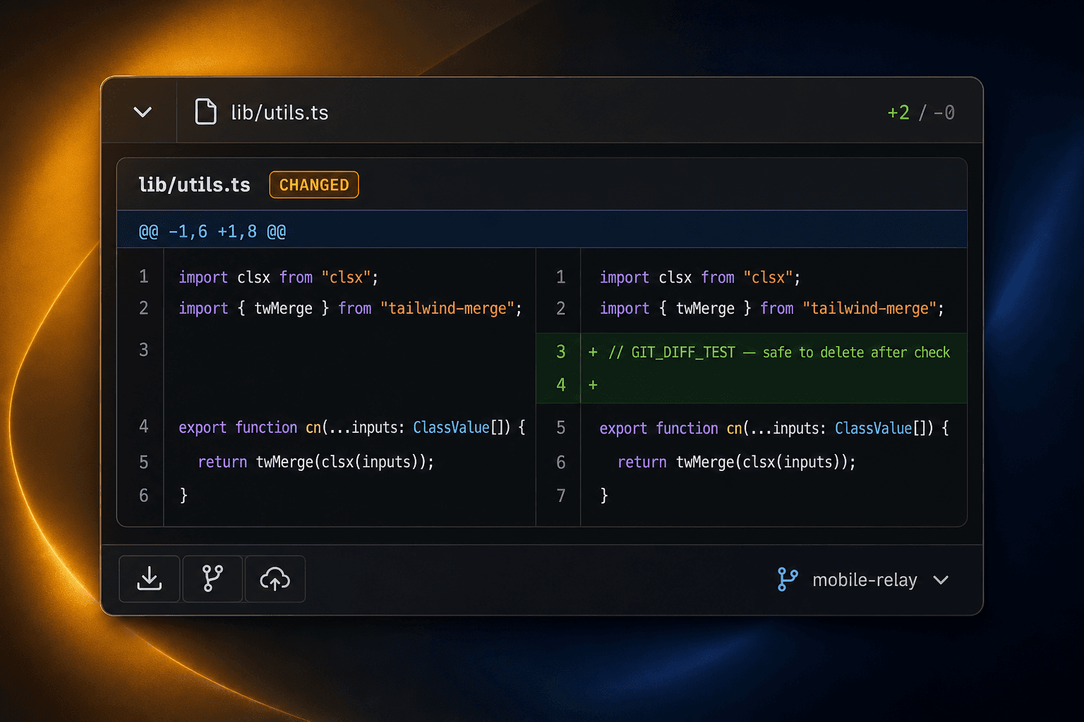 Git diff view for a TypeScript file with additions highlighted