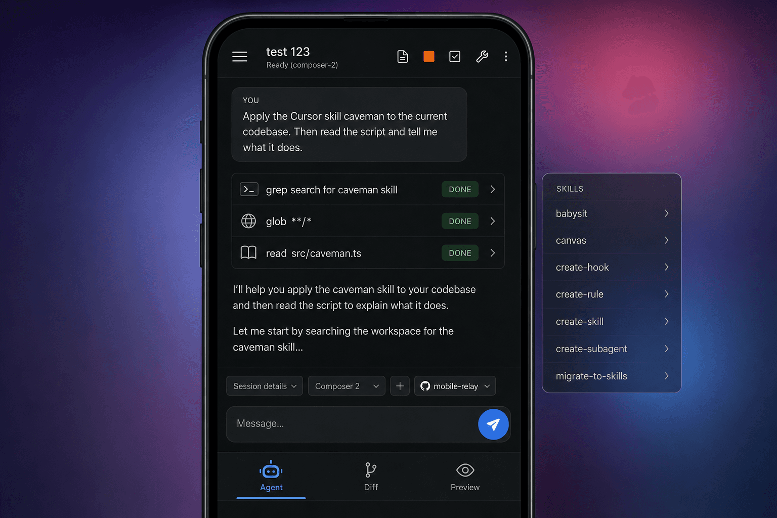 Mobile agent UI with chat, skills menu, composer controls, and bottom tabs