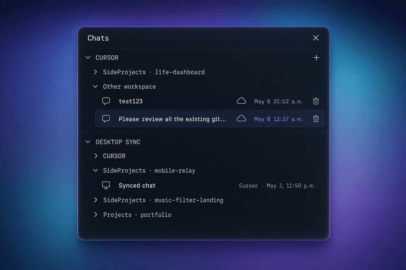 Chats sidebar with multiple repos and synced sessions